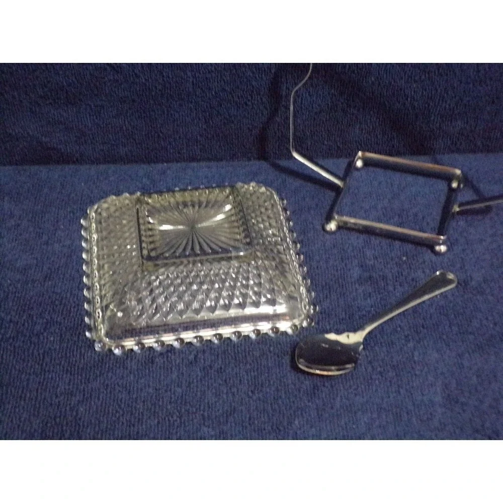 Vintage 3 Piece Square‎ Diamond Glass Jelly Relish Dish Hanging Metal Spoon Rack